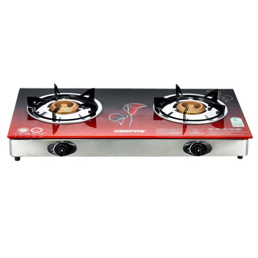 Double Burner Auto Piezo Ignition Tempered Glass Top Stove With Cast Iron GGC31013 Red/Black