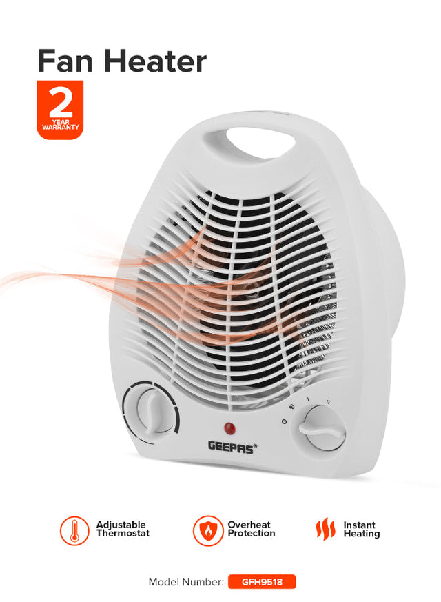 Fan Heater 2 Heating Power 1000W/2000W | Instant Heating, Adjustable Thermostat | Overheat Protection | Power Light Indicator | Carry Handle 2000 W GFH9518 White