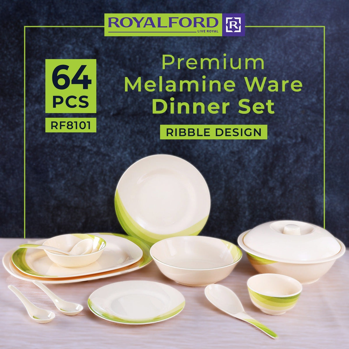 64 Piece Melamineware Dinner Set RF8101 Oval Plates Dinner Plates Dessert Plates Round Bowls Soup Bowls Rice Spoons and Spoons Beige/Green