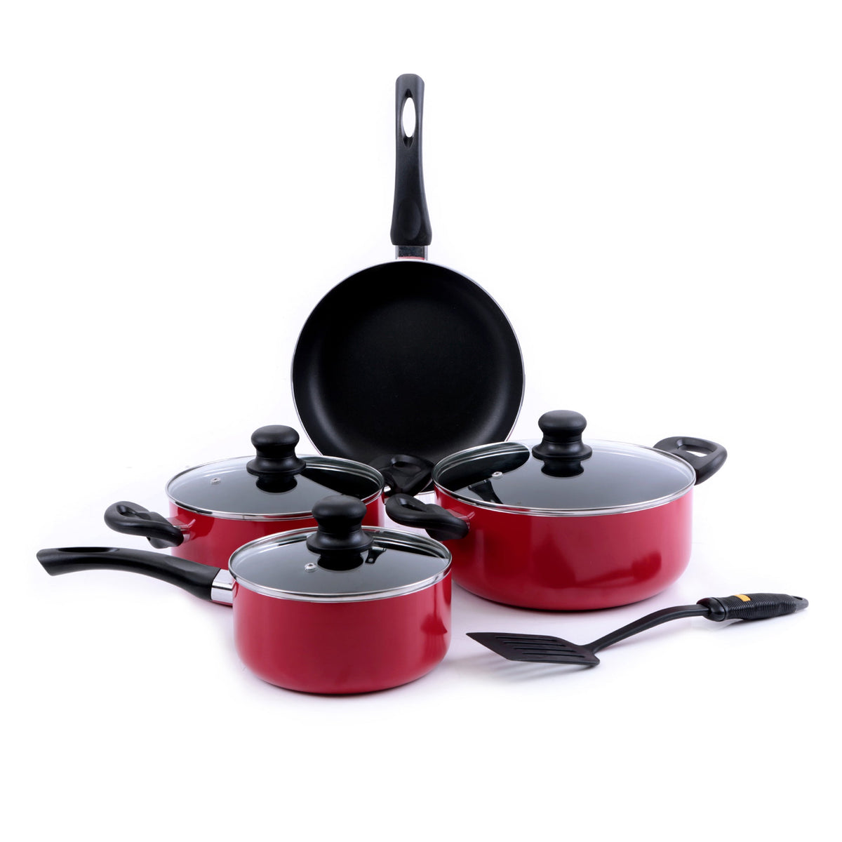 8-Piece Aluminium Non-Stick Cookware Set | Scratch-Resistant | Glass Lids | Induction Compatible | Red