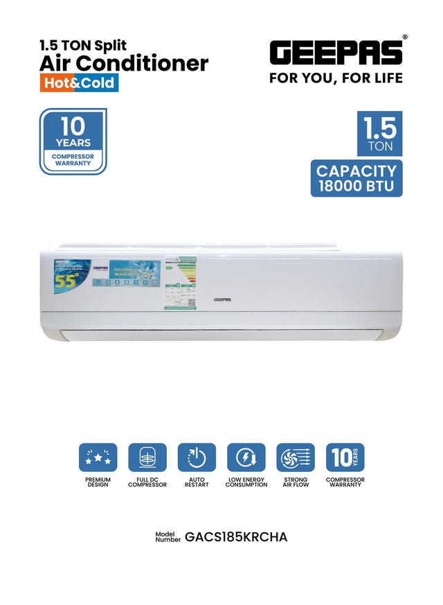 1.5 Ton Split Air Conditioner (18000 BTU) Hot & Cold | High-Efficiency Inverter AC with T3 Tropical Compressor, Auto Restart, LED Display & Remote Control - 10 Year Compressor Warranty GACS185KRCHA White