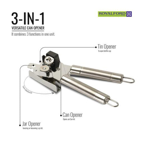 Royalford RF1184-O 3-in-1 Stainless Steel Can Opener – Manual Can, Bottle & Jar Opener with Ergonomic Tube Handle