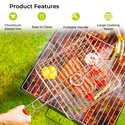 RF10383 Barbecue Grill Basket | Chromium Plated Iron BBQ Grill with Wooden Handle | Folding Portable Grill Rack for Fish, Meat, Vegetables & Seafood | Outdoor Camping & BBQ Tool