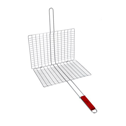 BBQ Grill Basket RF10380 – Chromium Plated Iron Grilling Basket with Wooden Handle | Portable Folding Grill for Fish, Meat, Shrimp & Vegetables