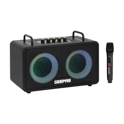 Geepas Bluetooth Speaker with UHF Microphone- GMS11203/ 5-6 Hours Playtime, TF, USB, AUX, TWS, Micro SD Cards, MIC/ Rechargeable Battery, Enhanced Quality, Simple Sound Control/ RGB Light Effects, Perfect for Parties, Picnics, Entertainment