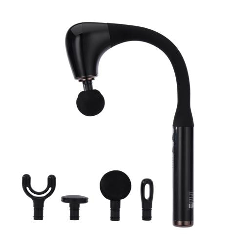 Curved Long-Handle Massage Gun with 5 Speeds, LED Indicator, Timer, and 4 Attachment Heads - Muscle Relief & Full Body Relaxation