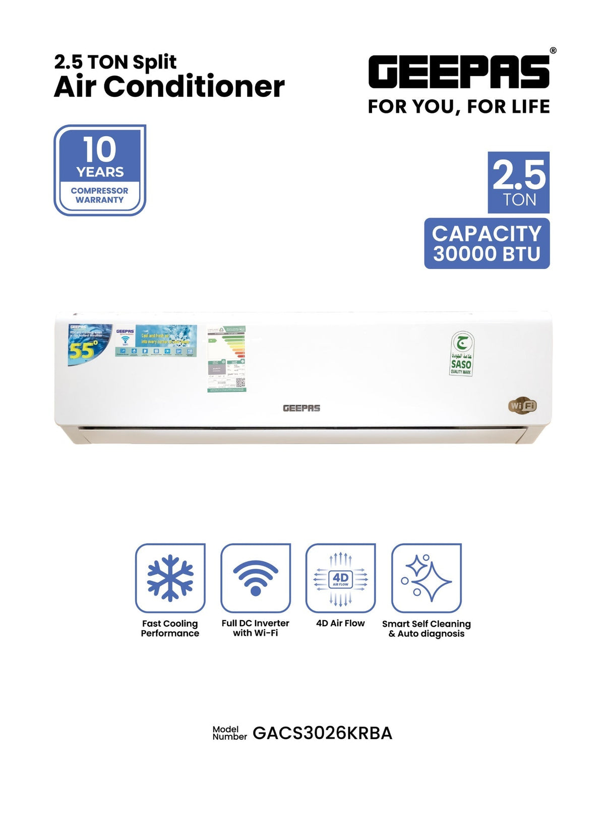 2.5 Ton Split AC (30,000 BTU) – Inverter with Wi-Fi, 4D Airflow, Smart Self-Clean & Auto Diagnosis – 10-Year Compressor Warranty GACS3026KRBA white