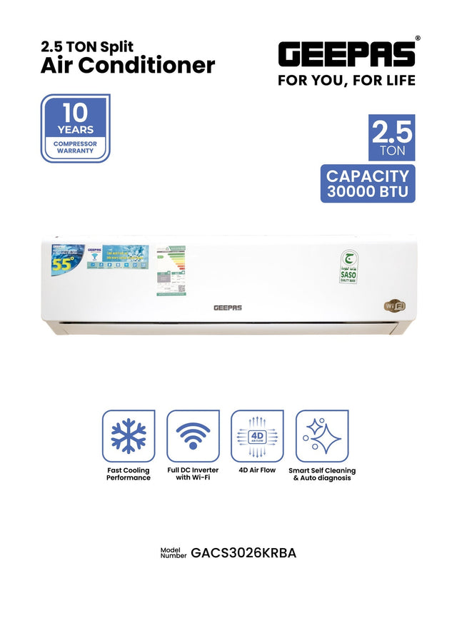 2.5 Ton Split AC (30,000 BTU) – Inverter with Wi-Fi, 4D Airflow, Smart Self-Clean & Auto Diagnosis – 10-Year Compressor Warranty GACS3026KRBA white