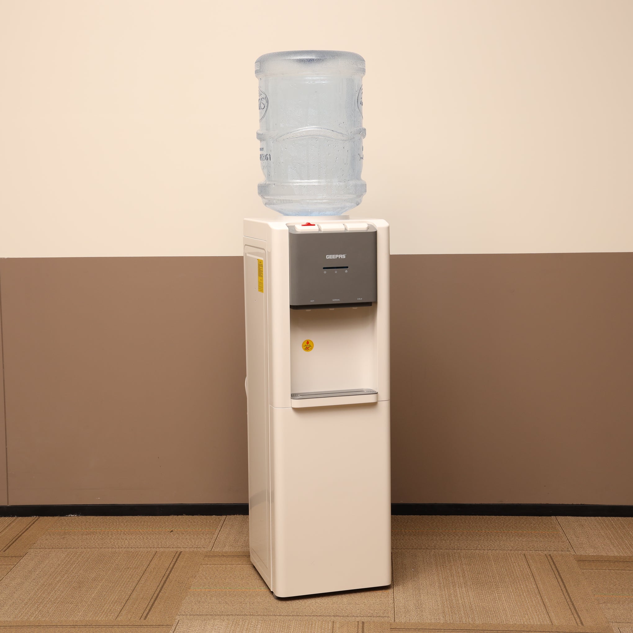 Geepas GWD17018 Hot & Cold Water Dispenser with Stainless Steel Water Tank | 3 Tap Hot Normal Cold System | Fast Cooling Compressor & Built-In Storage Cabinet | Eco-friendly