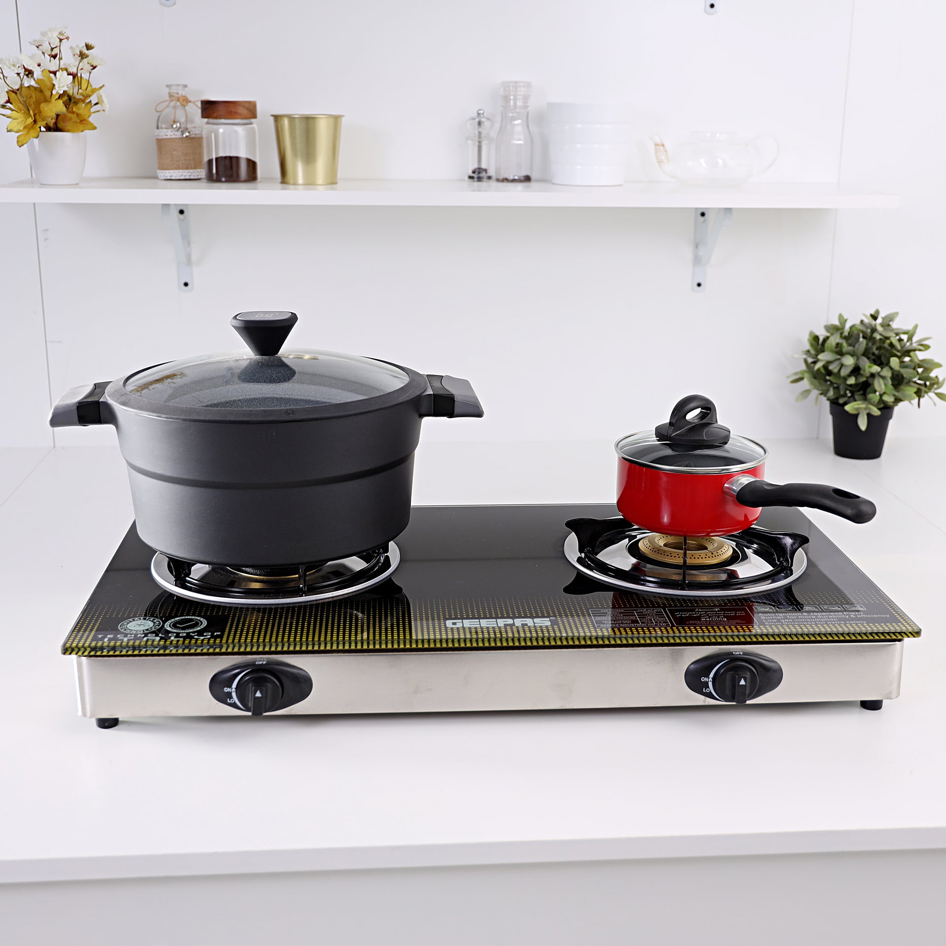 8mm Thick Tempered Gas, Auto Piezo Ignition Double Gas Burner, Stainless Steel frame & Tray, LPG With 5000 pa, Heavy Cast Iron Mixing Tube, Enamel Pan Support GK6758 Multicolour