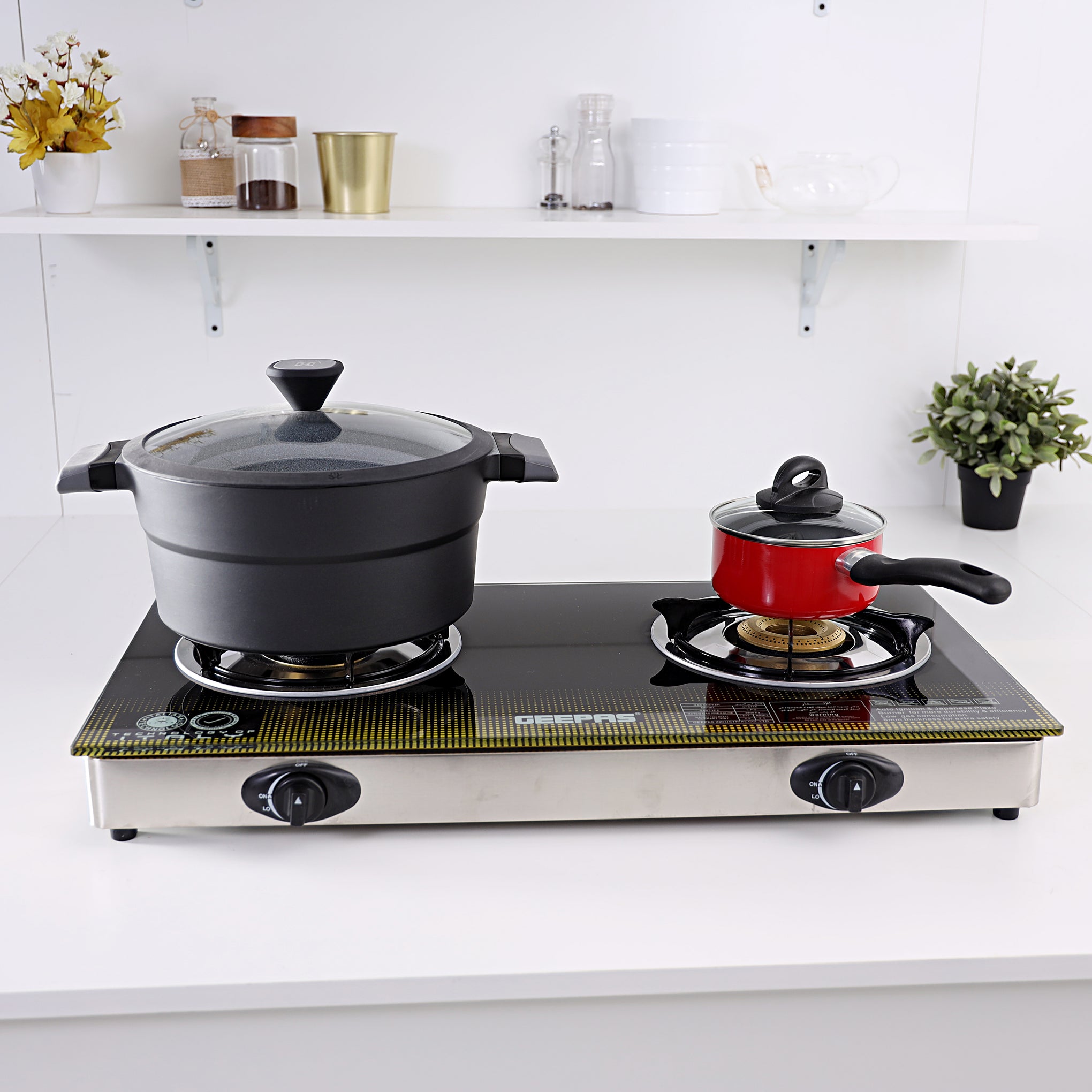 8mm Thick Tempered Gas, Auto Piezo Ignition Double Gas Burner, Stainless Steel frame & Tray, LPG With 5000 pa, Heavy Cast Iron Mixing Tube, Enamel Pan Support GK6758 Multicolour