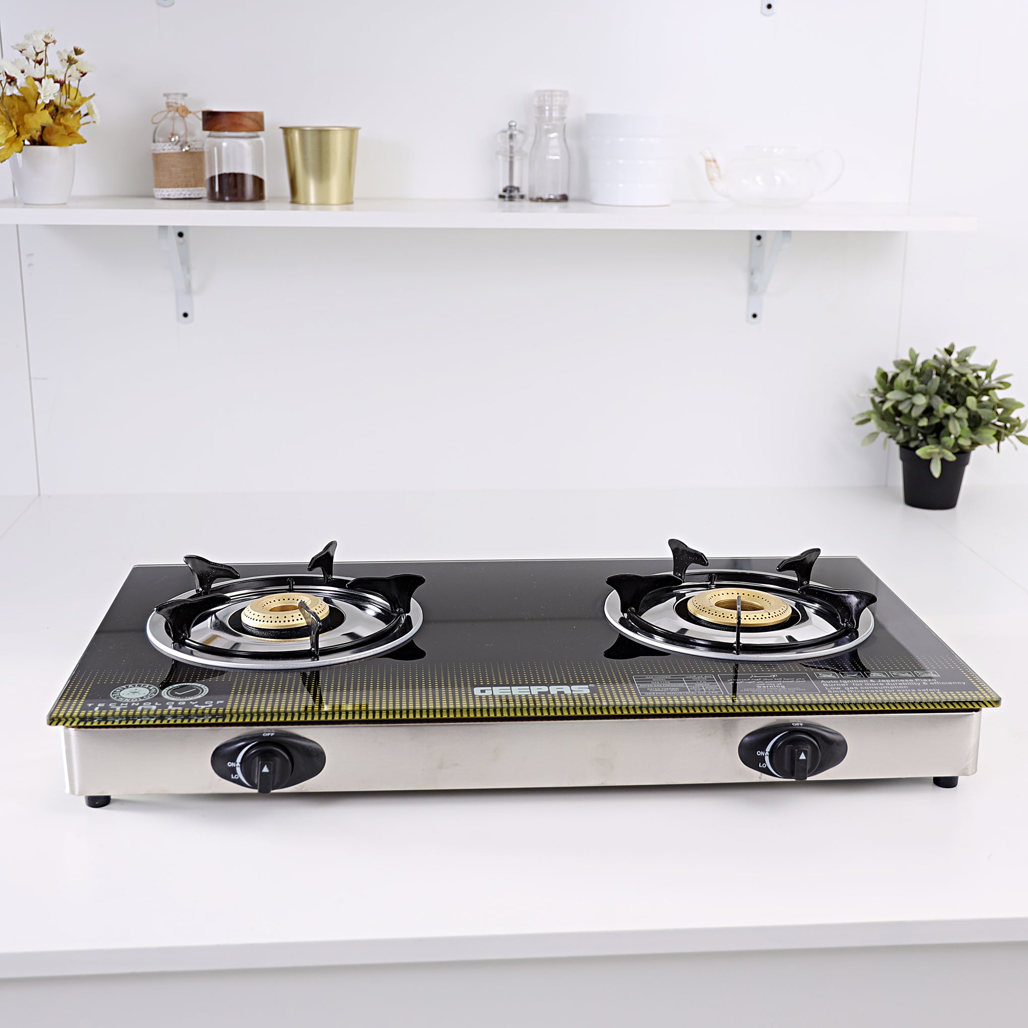 8mm Thick Tempered Gas, Auto Piezo Ignition Double Gas Burner, Stainless Steel frame & Tray, LPG With 5000 pa, Heavy Cast Iron Mixing Tube, Enamel Pan Support GK6758 Multicolour