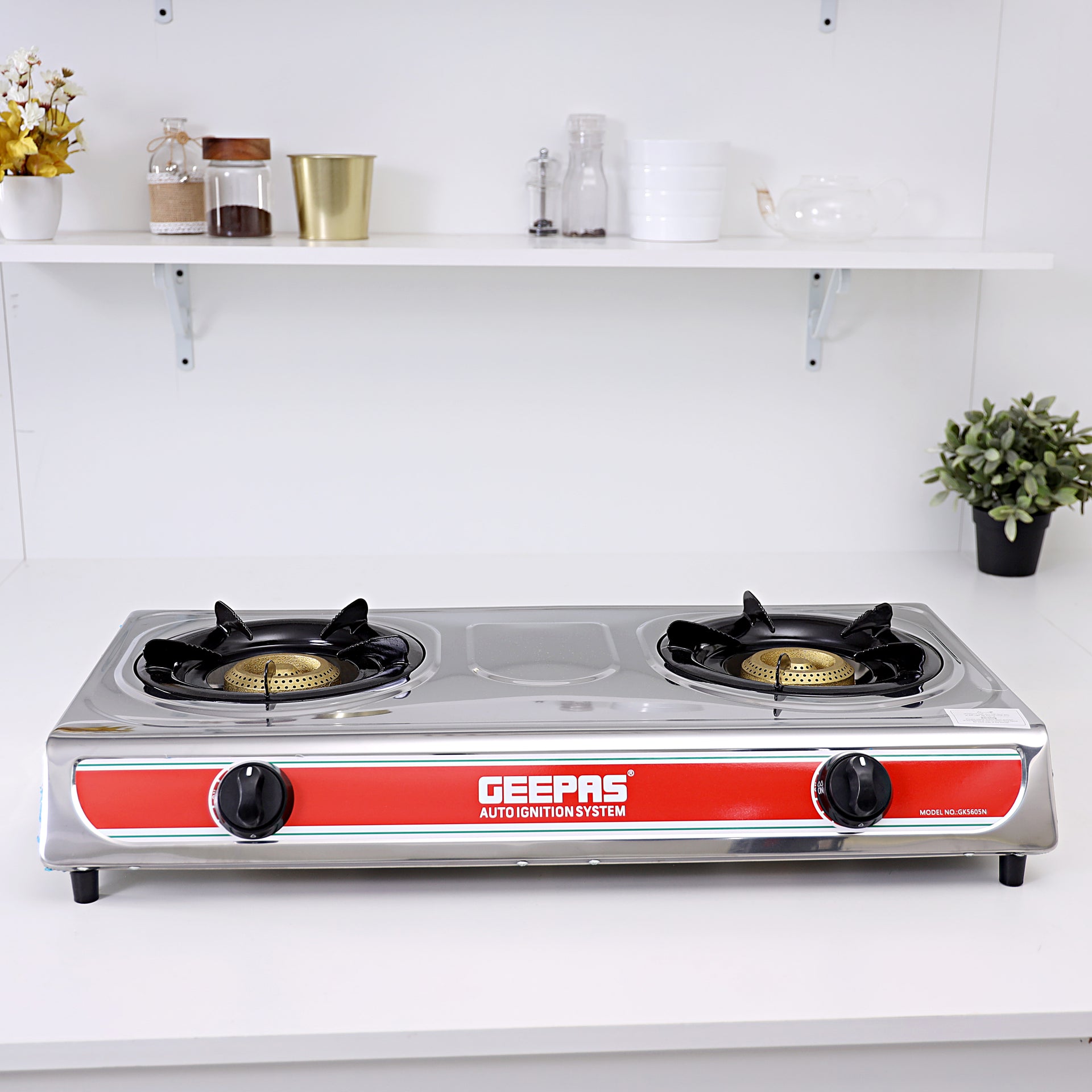 Double Burner Stainless Steel Gas Stove with Automatic Ignition System GK5605 Silver/Orange
