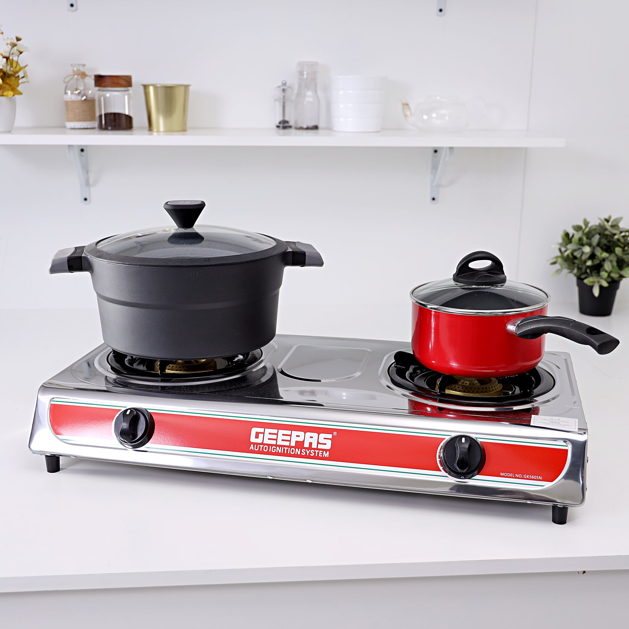 Double Burner Stainless Steel Gas Stove with Automatic Ignition System GK5605 Silver/Orange
