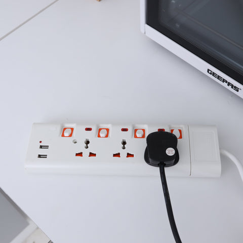 Geepas 3 Way Extension Socket with 2 USB Port - 4 Led Indicators with Power Switches | Extra Long 3m Cord, Over Current Protected | Ideal for All Electronic Devices