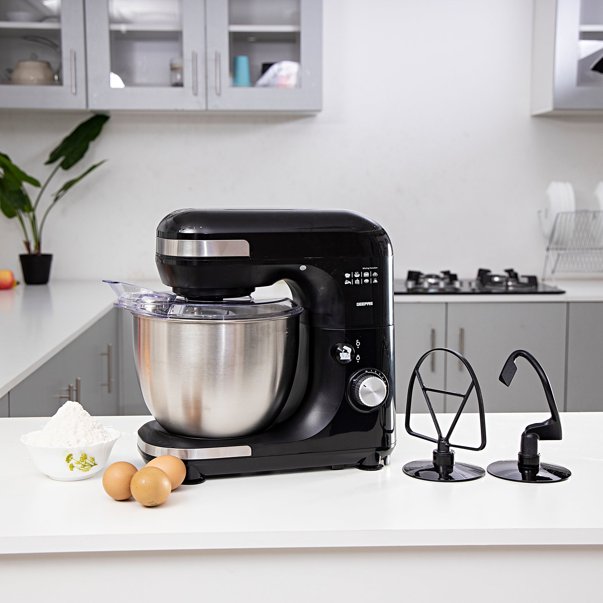 Stand Mixer With 5 Liter Stainless Steel Bowl, Powerful Copper Motor with 12 Level Mixing Control, ABS Body, Perfect for Kneading Dough, Mixing Batter, Whisking Eggs, etc. Includes a Hook, Beater Whisk, Splash Cover 5 L 800 W GSM43013 Creamy White