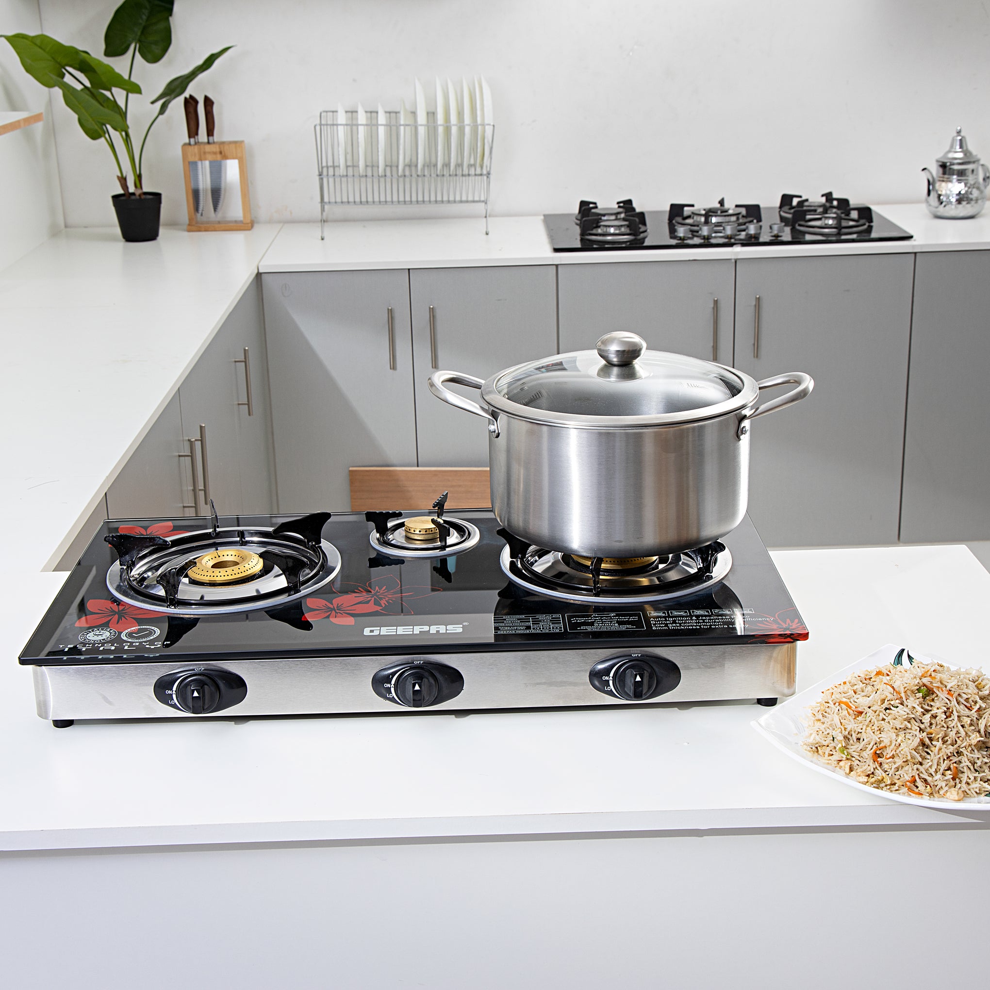 Gas Cooker, 8mm Tempered Glass Top, GK6759 | Triple Burner Gas Stove | Stainless Steel Frame & Tray | Japanese Piezo | Iron Mixing Tube, Piezo Ignition, Easy To Clean GK6759 Black