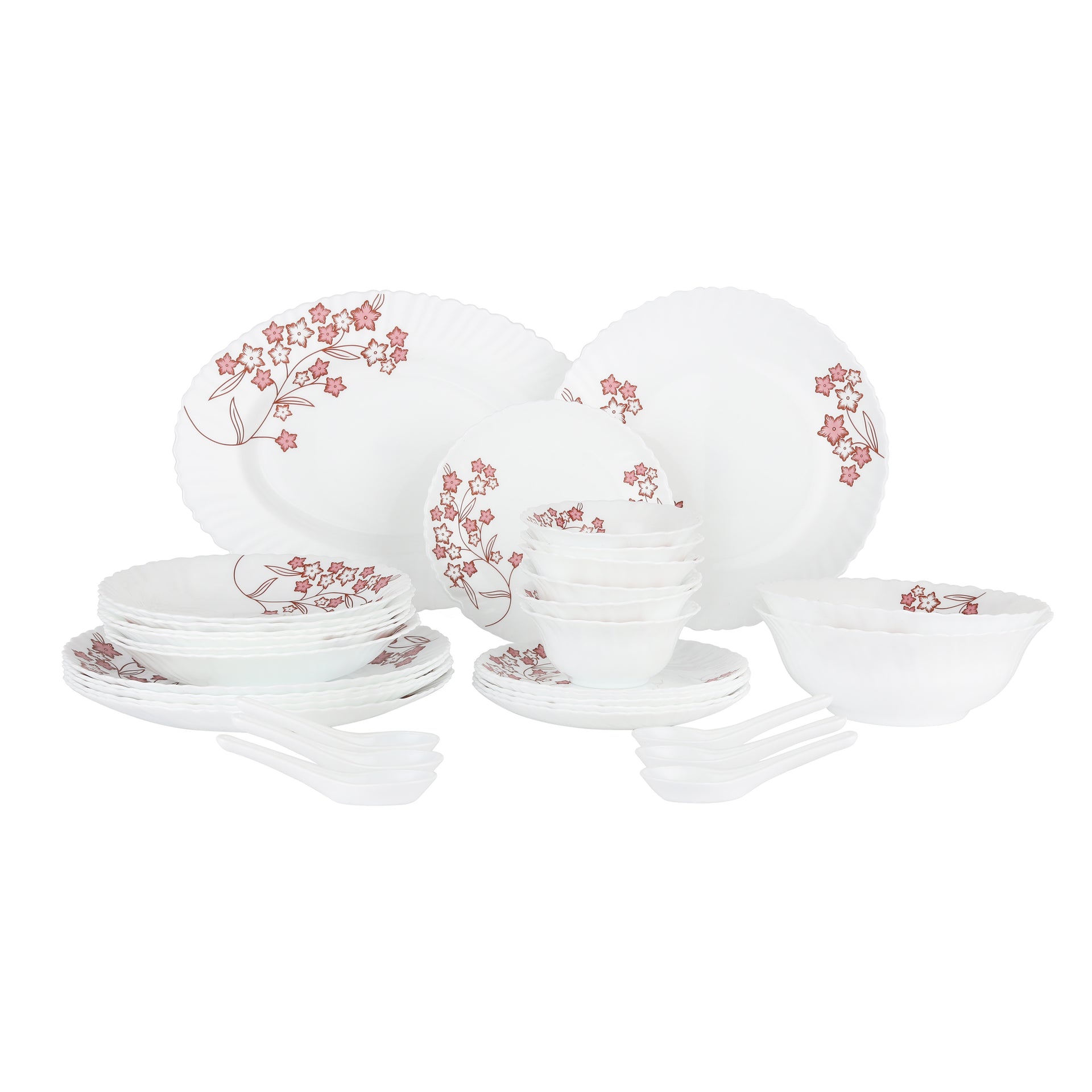 Delcasa 33 Piece Opalware Dinner Set- DC2212/ Includes Oval Plate, Dinner, Flat and Soups Plates, Salad Bowls and Soup Spoons/ Dishwasher-Safe, Freezer and Microwave Safe/ Chip-Resistant and Food-Grade/ White and Pink