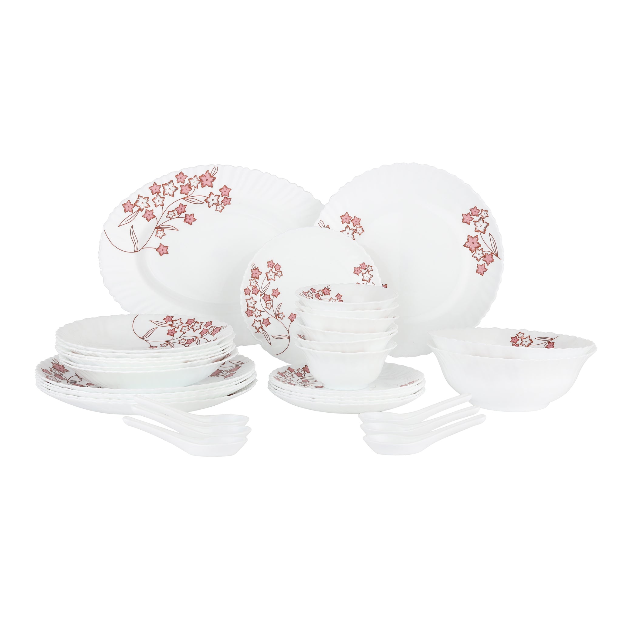 Delcasa 33 Piece Opalware Dinner Set- DC2212/ Includes Oval Plate, Dinner, Flat and Soups Plates, Salad Bowls and Soup Spoons/ Dishwasher-Safe, Freezer and Microwave Safe/ Chip-Resistant and Food-Grade/ White and Pink