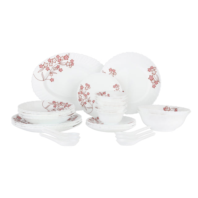Delcasa 33 Piece Opalware Dinner Set- DC2212/ Includes Oval Plate, Dinner, Flat and Soups Plates, Salad Bowls and Soup Spoons/ Dishwasher-Safe, Freezer and Microwave Safe/ Chip-Resistant and Food-Grade/ White and Pink