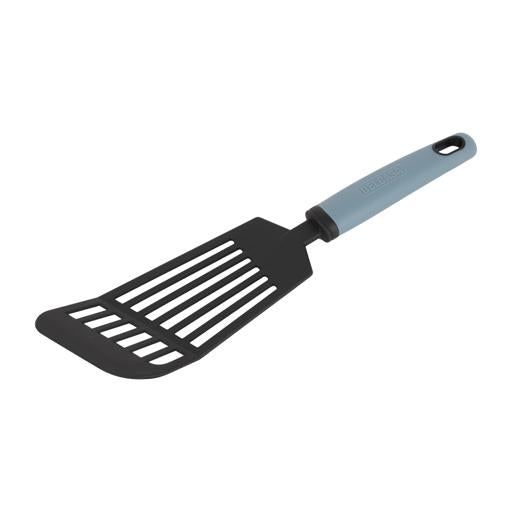 Delcasa Nylon Slotted Turner- DC3364/ with PP Handle, Stylish and Long/ Gentle on Cookware, Ideal for Serving, Transferring, Draining and Cooking Food/ Highly Durable, Light-Weight, Versatile Uses/ Black and Blue