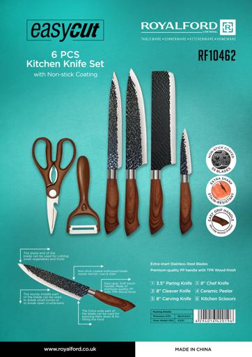 6-Piece Kitchen Knife Set With Non-Stick Coating Extra-Short Stainless-Steel Blades With Premium-Quality Pp Handle With Tpr Wood Finish Brown 1.02kg