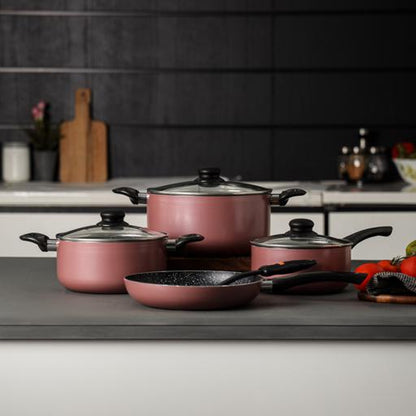 8-Piece Aluminium Cookware Set RF9437 | Granite Non-Stick Coating | Glass Lids | Induction Compatible | Pink