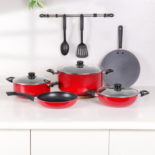 Royalford 10-Piece Non-Stick Cookware Set- RF12146/ Aluminum Body with 2.5 mm Thickness, Spiral Bottom, Bakelite Handles and Glass Lid/ Includes Casserole, Wokpan, Fry Pan, Tawa Multicolor
