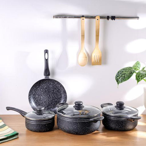 Royalford 9-piece Marble Coated and Press Aluminum Body Ritz Plus Cookware Set  Dot Induction Base, Bakelite Handles and Lid/ Includes Casseroles, Saucepan, Bamboo Kitchen Tools and Fry Pan/ Black Black