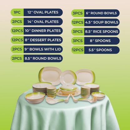 64 Piece Melamineware Dinner Set RF8101 Oval Plates Dinner Plates Dessert Plates Round Bowls Soup Bowls Rice Spoons and Spoons Beige/Green