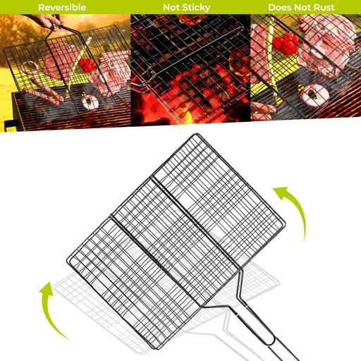 BBQ Grill Basket with Wooden Handle | Chromium Plated Iron Folding Barbecue Grill | Portable Lockable Grill Basket for Fish, Meat & Vegetables
