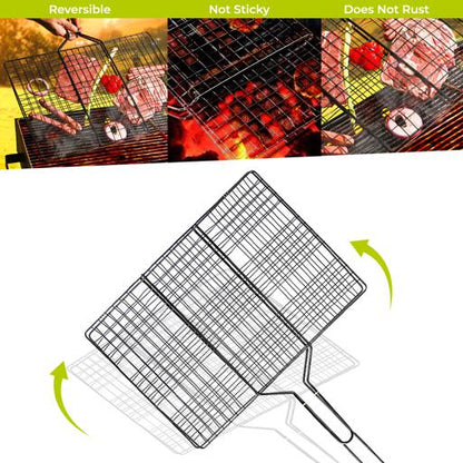 BBQ Grill Basket with Wooden Handle | Chromium Plated Iron Folding Barbecue Grill | Portable Lockable Grill Basket for Fish, Meat & Vegetables