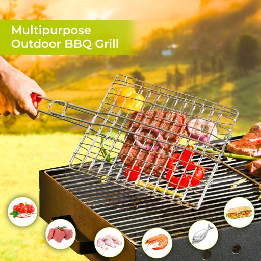 RF10383 Barbecue Grill Basket | Chromium Plated Iron BBQ Grill with Wooden Handle | Folding Portable Grill Rack for Fish, Meat, Vegetables & Seafood | Outdoor Camping & BBQ Tool