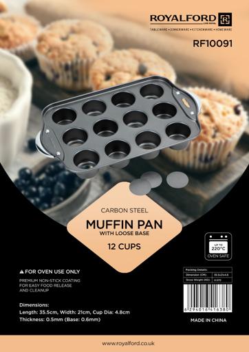 12-Cup Carbon Steel Muffin Pan RF10091 – Non-Stick Baking Tray with Loose Base | Oven Safe up to 220°C