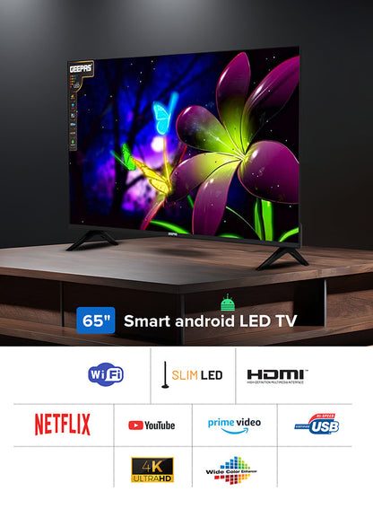 تلفاز ذكي 65 بوصة، 4K UHD، بدون إطار، مع جهاز تحكم عن بعد، منافذ HDMI وUSB، مقبس سماعة رأس، مدخل صوت للكمبيوتر | واي فاي، أندرويد 9.0 مع تقنية E-Share | يوتيوب، نتفليكس، أمازون برايم، موديل GLED6538SEUHD، لون أسود