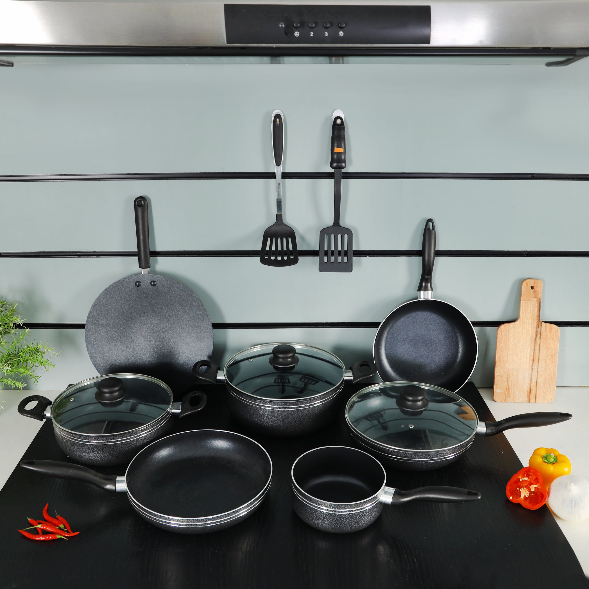 12-Piece Non-Stick Cookware Set | Casseroles, Saucepans, Fry Pans with Lids & Nylon Utensils | Black