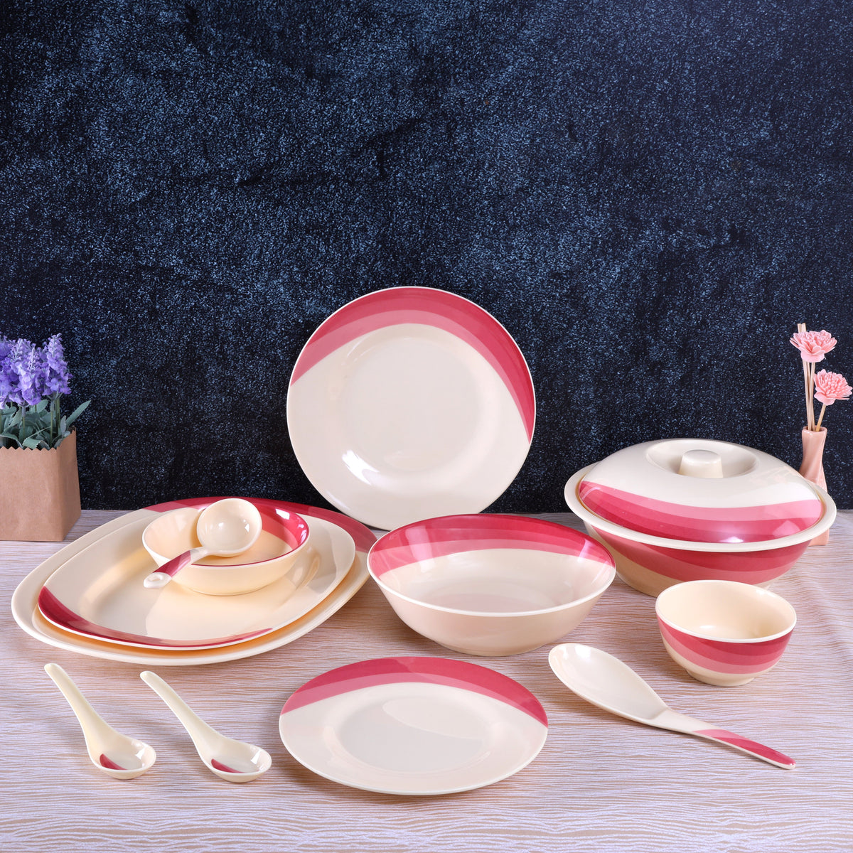 64-Piece Melamine Dinner Set With 1X30Cm Oval Plate,2X36Cm Oval Plates,12X25Cm Dinner Plates,12X20Cm Dessert Plates,2X23Cm Bowls With Lid,3X15Cm Bowls,12X11Cm Soup Bowls,3X22Cm Rice Spoons,3X20Cm Spoons,12X14Cm Spoons,Serves 12,Multicolor Orange 11.6kg
