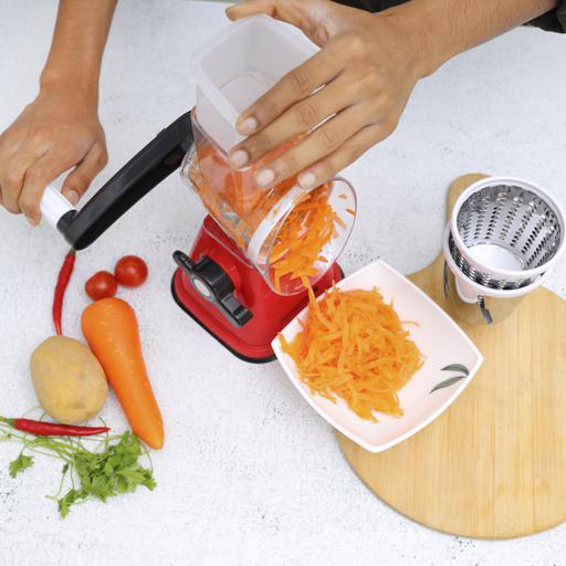 Rotary Grater with 3 Interchangeable Stainless Steel Blades | Manual Vegetable Slicer & Cheese Grater | Suction Base | Dishwasher Safe | Red & Black