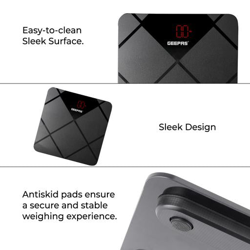 Geepas Digital Body Scale With Digital Display, Max Weight 180 Kgs, 6 MM Tempered Glass, Anti-Slip Design, Red Lattice LED, Auto On-Off, High Precision Strain Gauge Sensor GBS46523UK Grey & black