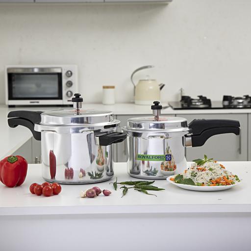 Royalford Rf8428 5 & 3 Litre Aluminum Pressure Cooker - Comfortable Handle Evenly Heating Cooker | Portable & Compact Design | Perfect For Chicken, Fish, Rice, Beef And More | Multiple Hobs, Silver