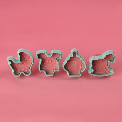 Baby Theme Cookie Cutter Set of 4 | Fondant & Biscuit Cutter with Handle | Pram, Baby Dress, Rocking Horse & Feeding Bottle Shapes
