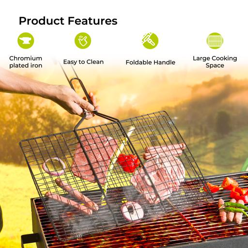 RF10385 Barbecue Grill Basket | Folding Portable BBQ Grill with Heat-Resistant Handle | Chromium Plated Iron Grill Rack for Fish, Meat, Shrimp & Vegetables | Large Cooking Surface | Black