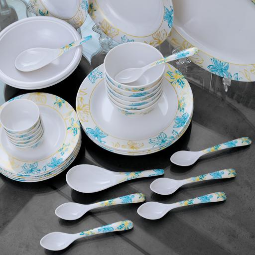 Delcasa 35 Piece Flower sketch Melamineware Dinner Set- DC2462| Includes Oval Plates, Deep Plates, Flat Plates, Soup Bowls, Round Bowls, Soup Spoons and Rice Spoons| Top-Rack Dishwasher-Safe and Light-weight| Eco-Friendly and Food-Grade| White and Blue