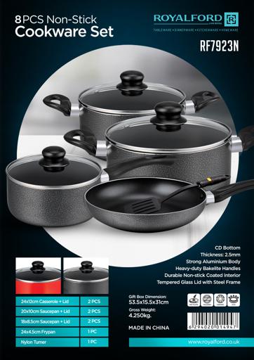 8-Piece Non-Stick Cookware Set Aluminum | Scratch-Resistant Non-Stick Coating with CD Bottom | Tempered Glass Lids, Heat-Resistant Bakelite Handles & Knobs Dark Black