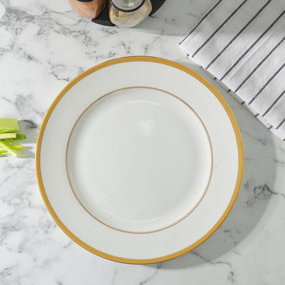 Premium Bone China 10.5 Inch Flat Dinner Plate Round Shape With Elegant Golden Border White 0.002kg
