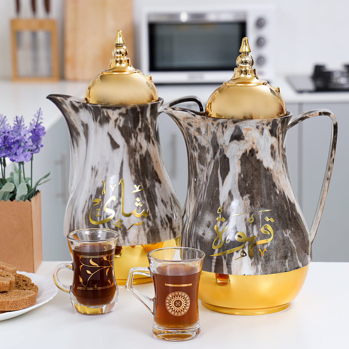 Royal Marble Tea And Cawa Set 1+1L Pink Glass Inner Multicolor Arabic Calligraphy Print Multicolour 31 x 29.6 x 16 cmcm