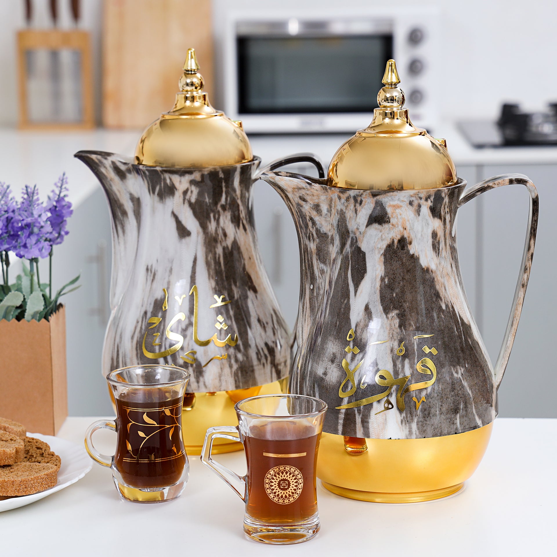 Royal Marble Tea And Cawa Set 1+1L Pink Glass Inner Multicolor Arabic Calligraphy Print Multicolour 31 x 29.6 x 16 cmcm