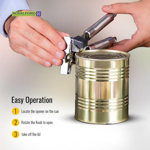 Royalford RF1184-O 3-in-1 Stainless Steel Can Opener – Manual Can, Bottle & Jar Opener with Ergonomic Tube Handle