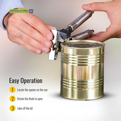Royalford RF1184-O 3-in-1 Stainless Steel Can Opener – Manual Can, Bottle & Jar Opener with Ergonomic Tube Handle