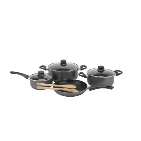 Royalford 9-Piece Non-Stick Cookware Set- RF11642| Aluminum Body With 3-Layer Construction, CD Bottom, Bakelite Handles And Glass Lid| Includes Casserole, Saucepan, Fry Pan, Bamboo Kitchen Tools| PTFE-Free And PFOA-Free| Assorted Colours
